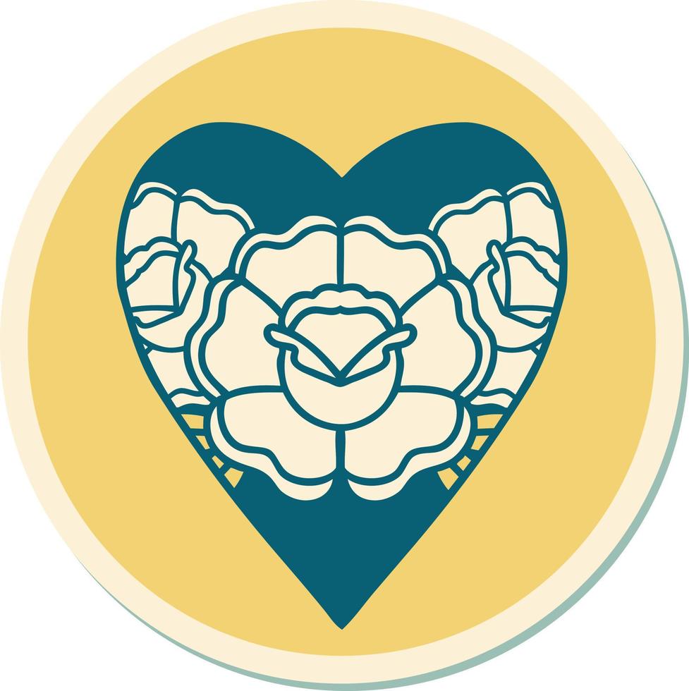 sticker of tattoo in traditional style of a heart and flowers vector