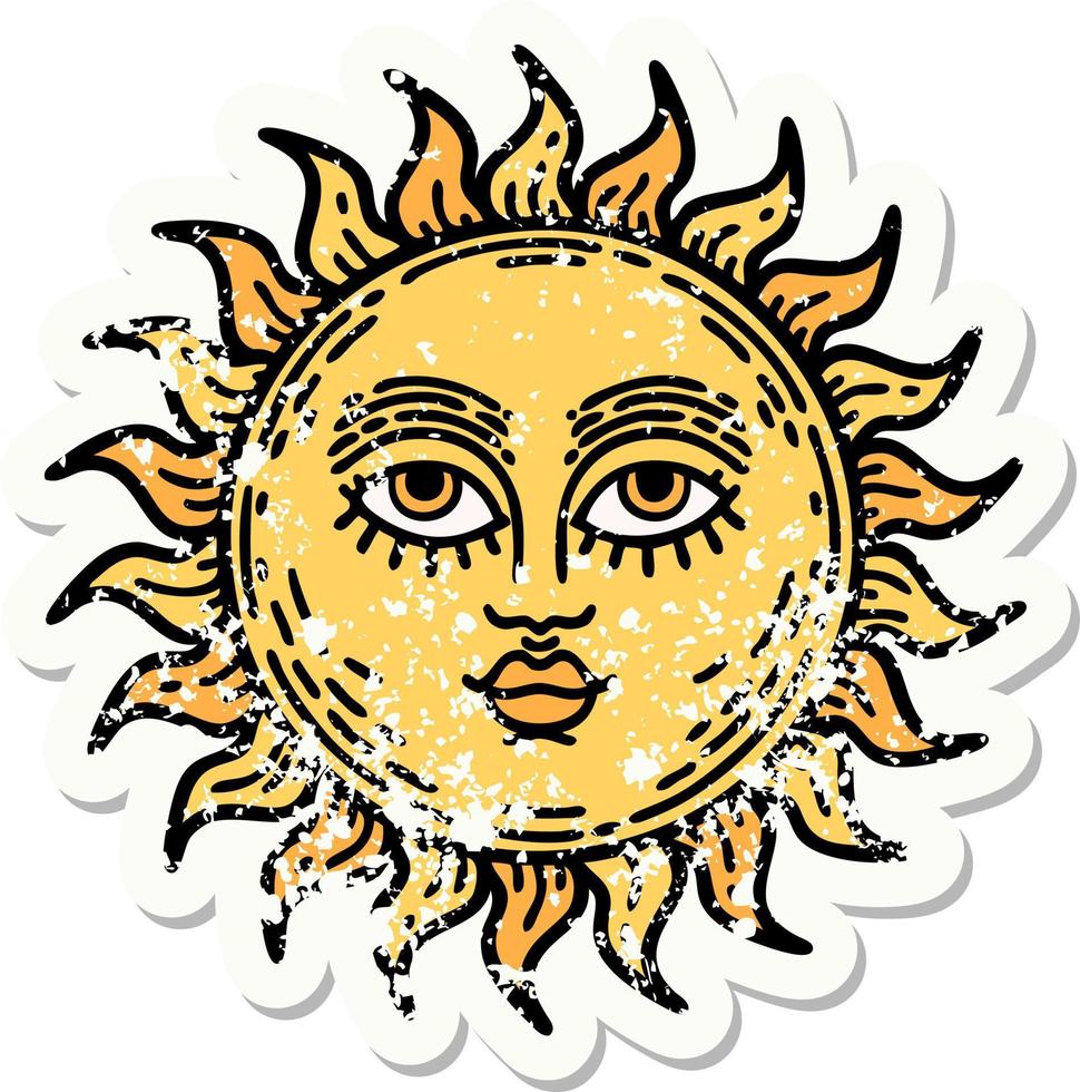 distressed sticker tattoo in traditional style of a sun with face vector