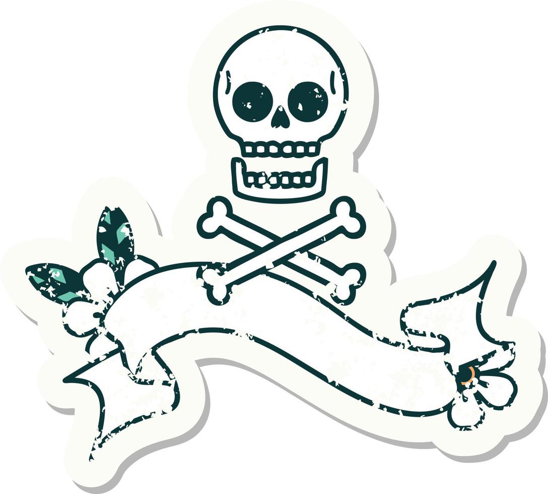 worn old sticker with banner of cross bones vector