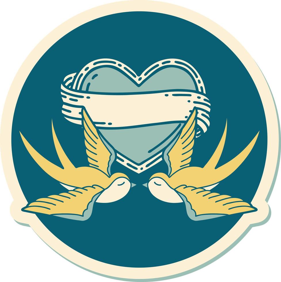 sticker of tattoo in traditional style of swallows and a heart with banner vector