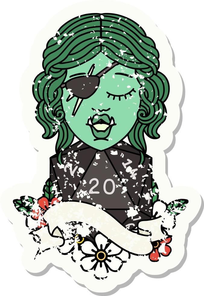 grunge sticker of a half orc rogue with natural twenty dice roll vector