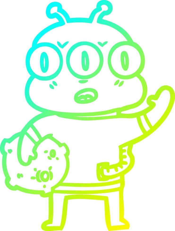 cold gradient line drawing cartoon three eyed alien waving vector