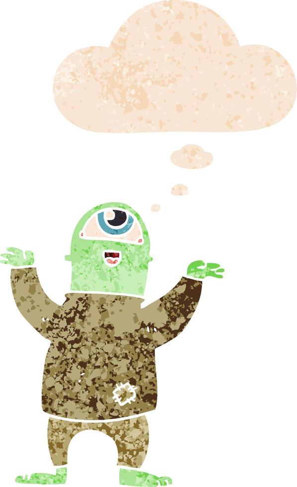 cartoon halloween monster and thought bubble in retro textured style vector