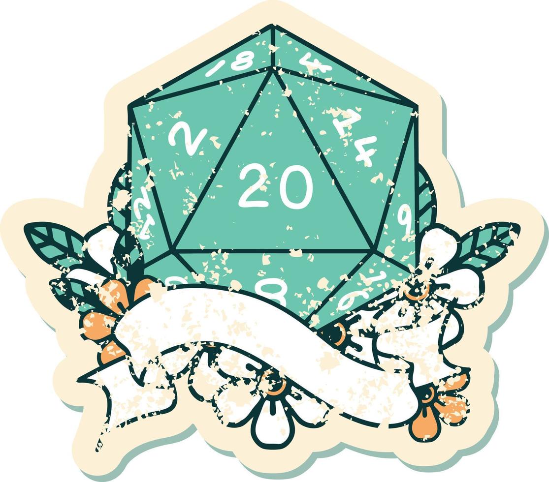 Retro Tattoo Style natural twenty D20 dice roll vector