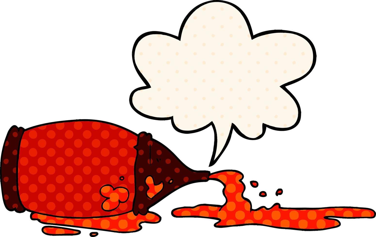 cartoon spilled ketchup bottle and speech bubble in comic book style vector