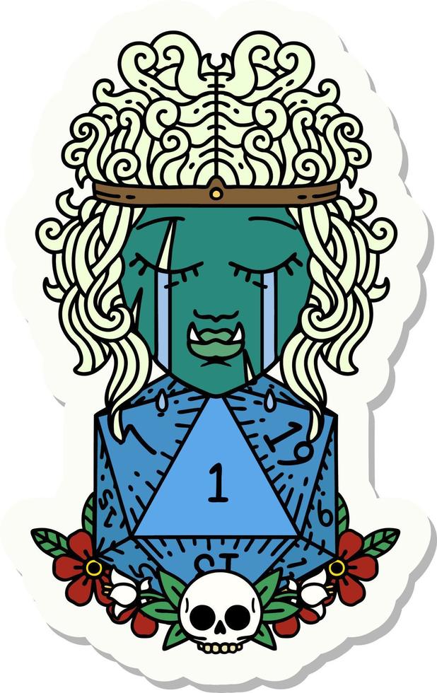 sticker of a sad orc barbarian character face with natural one d20 roll vector