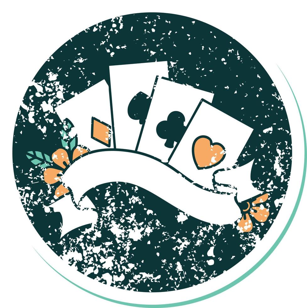 iconic distressed sticker tattoo style image of cards and banner with flowers vector