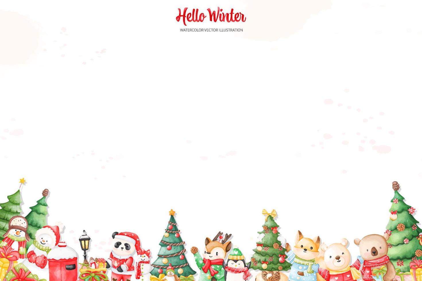 Watercolor Animal Vector illustrations. Horizontal Christmas Background
