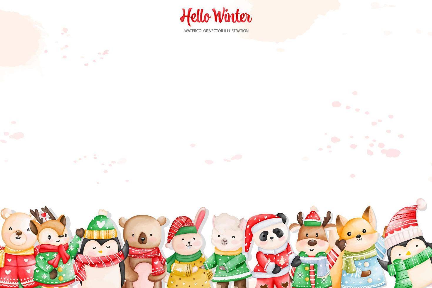 Christmas animals background, Watercolor Winter animals, Watercolor illustration vector