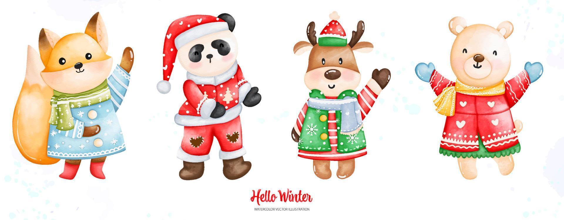 acuarela navidad y zorro de invierno, panda, ciervo, oso en ropa de invierno, ilustración acuarela vector