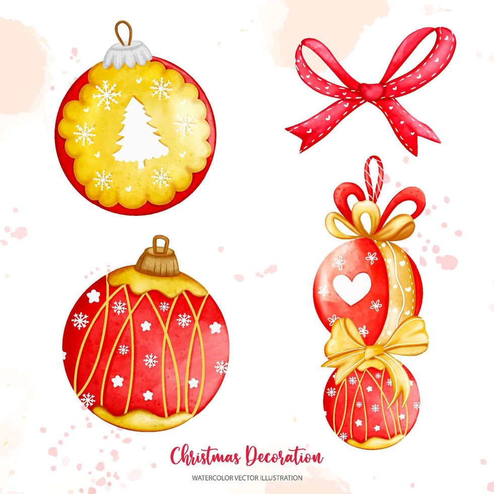 Set of Christmas decor, Christmas Ball and Bow watercolor illustration. vector