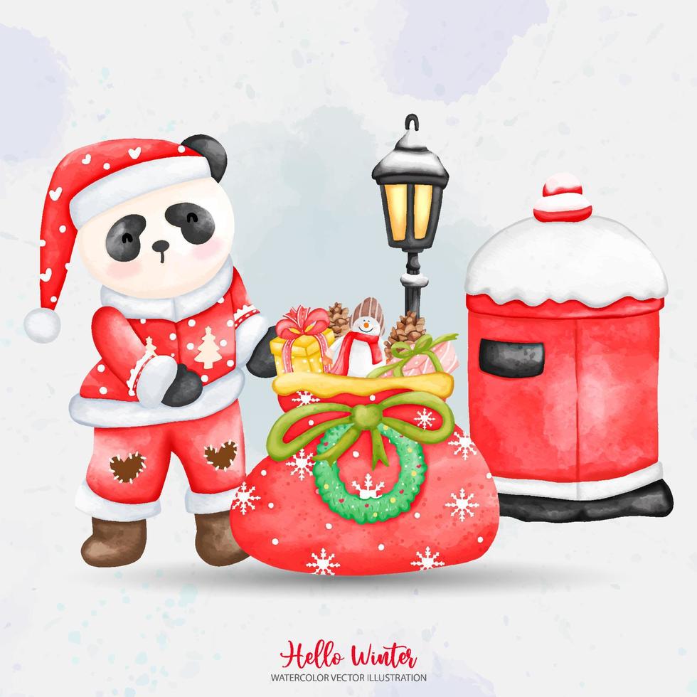 panda santa con bolsa de regalo, acuarela ilustraciones vectoriales de navidad vector