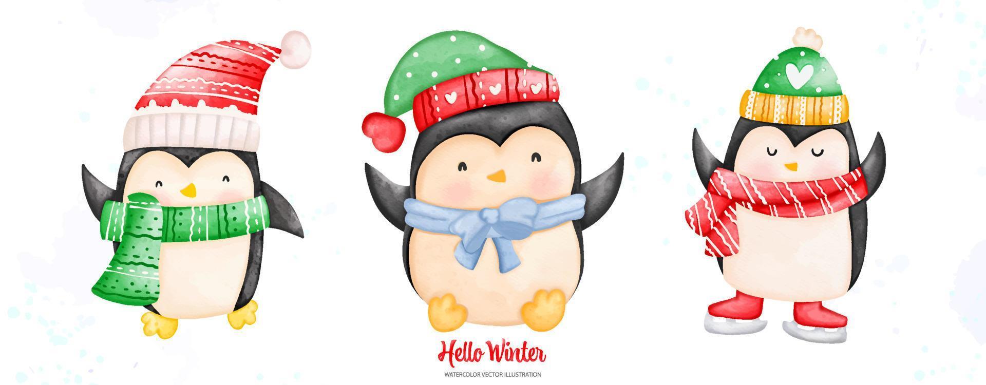 linda acuarela navidad y pingüino de invierno en ropa de invierno, ilustración acuarela vector