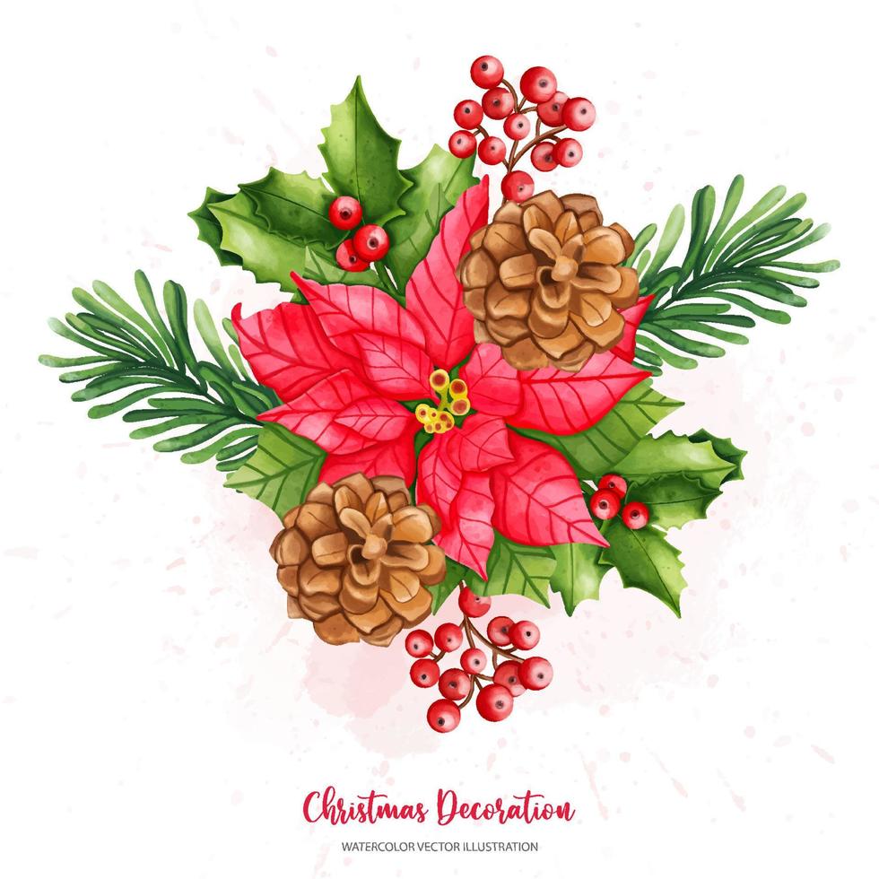 poinsettia de navidad, acebo, juego de conos de pino, ilustración de acuarela vector