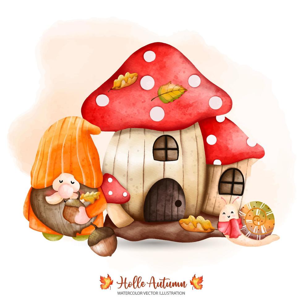 gnomo de otoño con casa de hongos, gnomo de otoño, decoración de otoño, hongo de ilustración de vector de acuarela