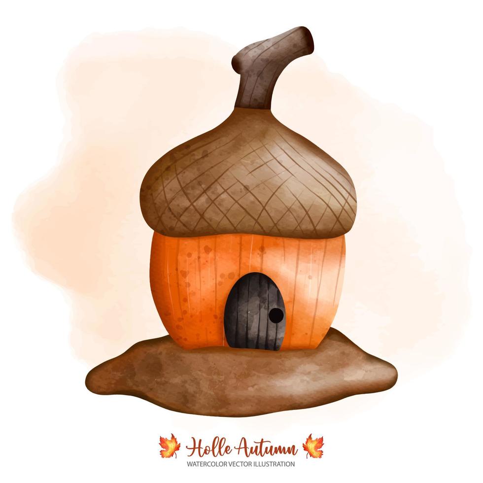 Acorn House, Autumn or Fall Animal decor, Digital paint watercolor illustration vector