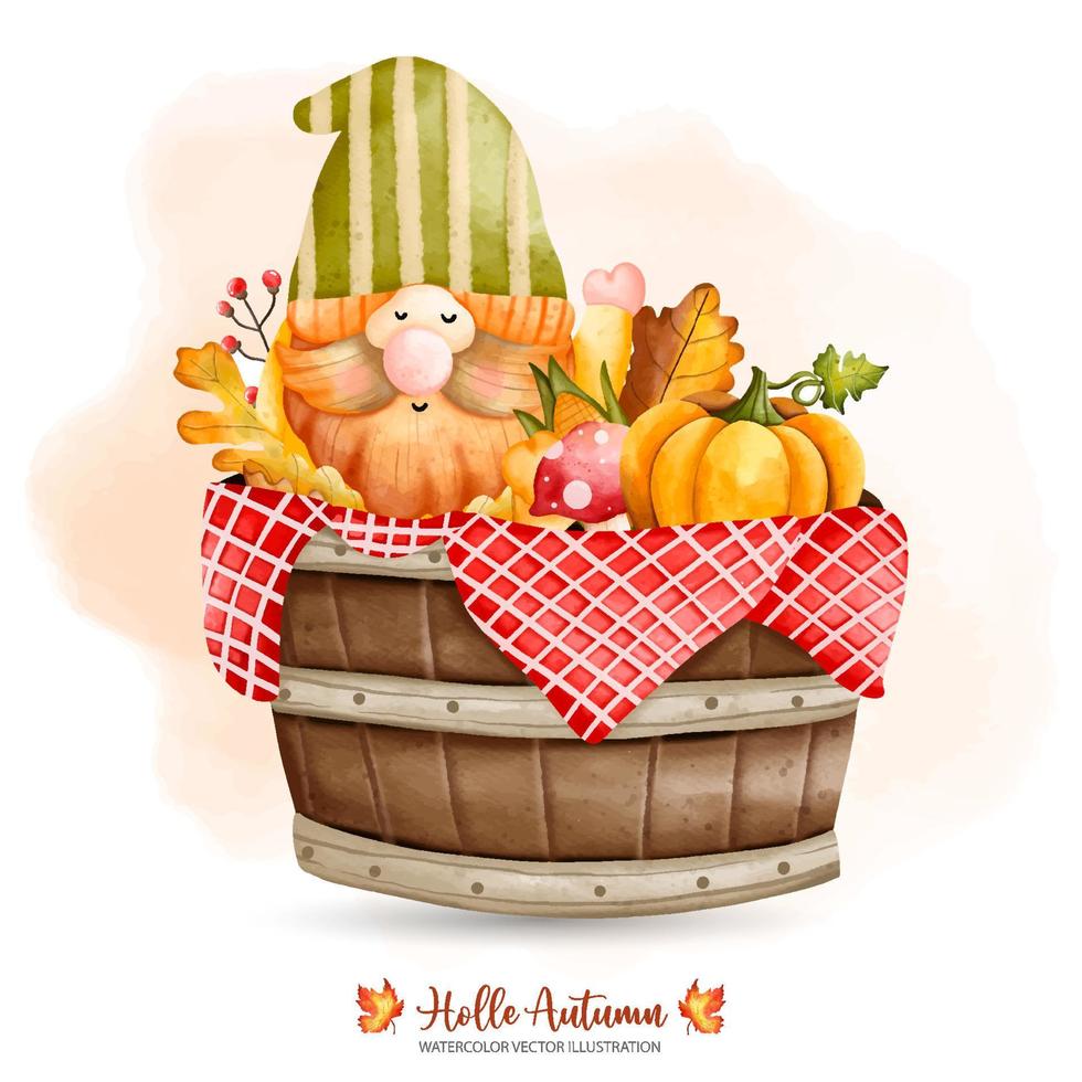 Autumn Gnome in wooden barrel, Fall Gnome, Autumn or Fall decor, Watercolor vector illustration