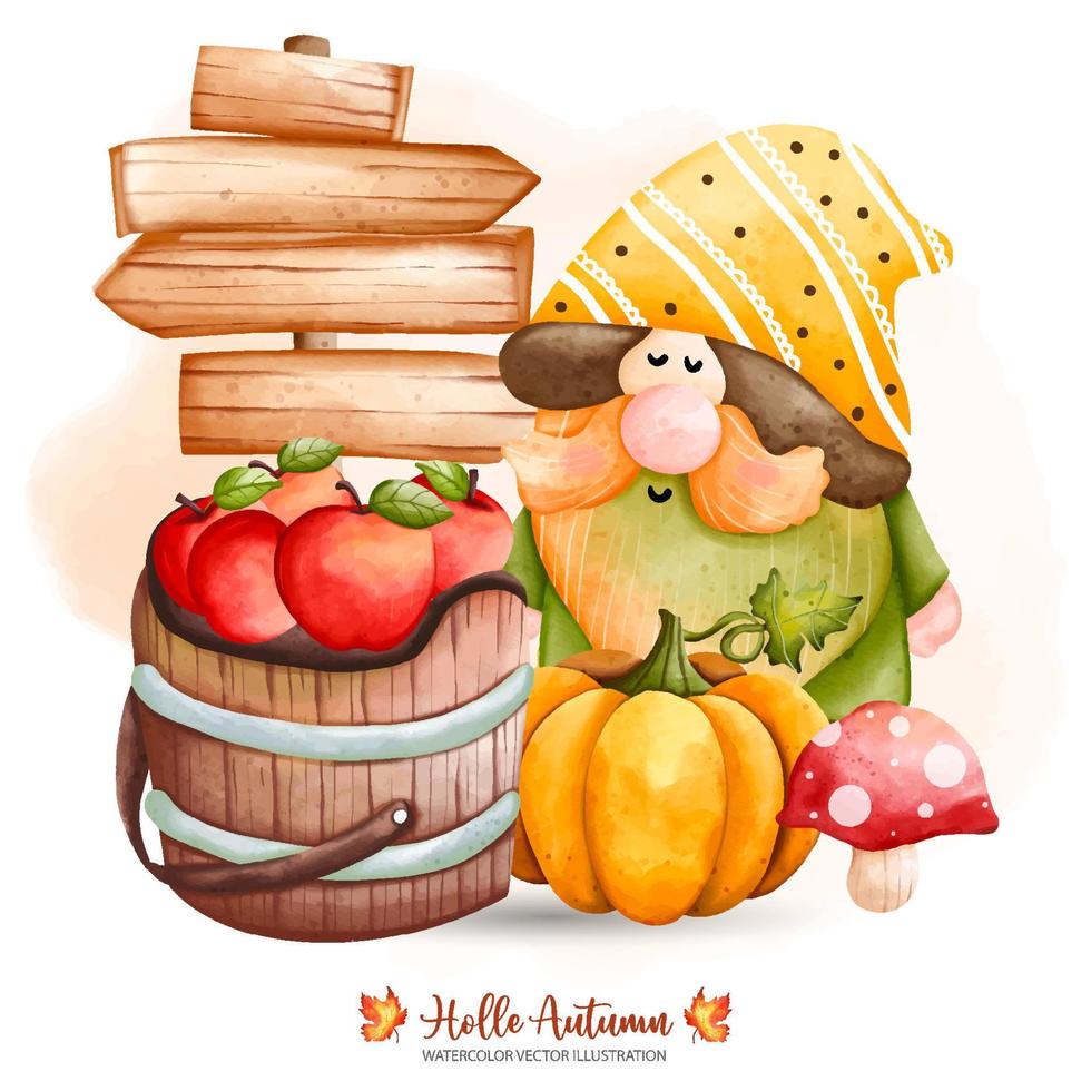 gnomo de otoño con calabaza y barril de madera, gnomo de otoño, decoración de otoño, ilustración vectorial de acuarela vector