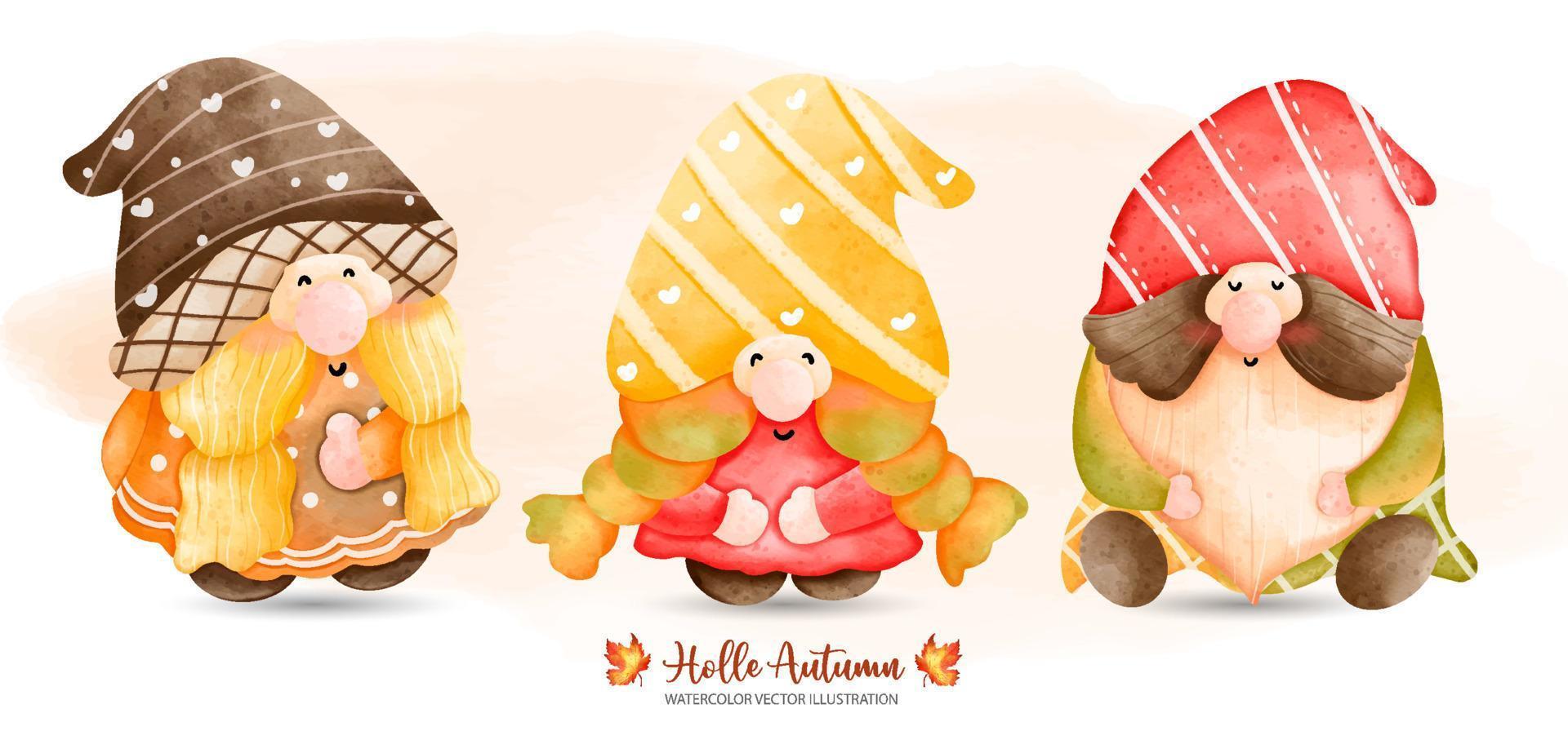 gnomo de otoño, gnomo de cuento de hadas, decoración animal de otoño o otoño, ilustración de acuarela de pintura digital vector