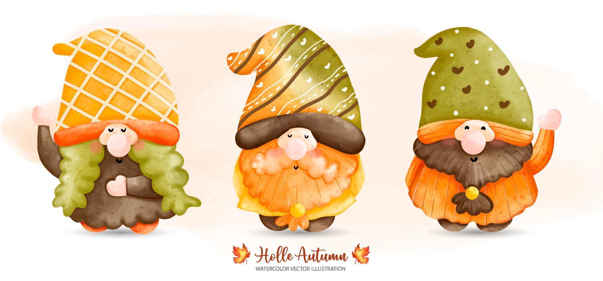 Three Autumn Gnome, Fairy tale Gnome, Autumn or Fall Animal decor, Watercolor illustration vector