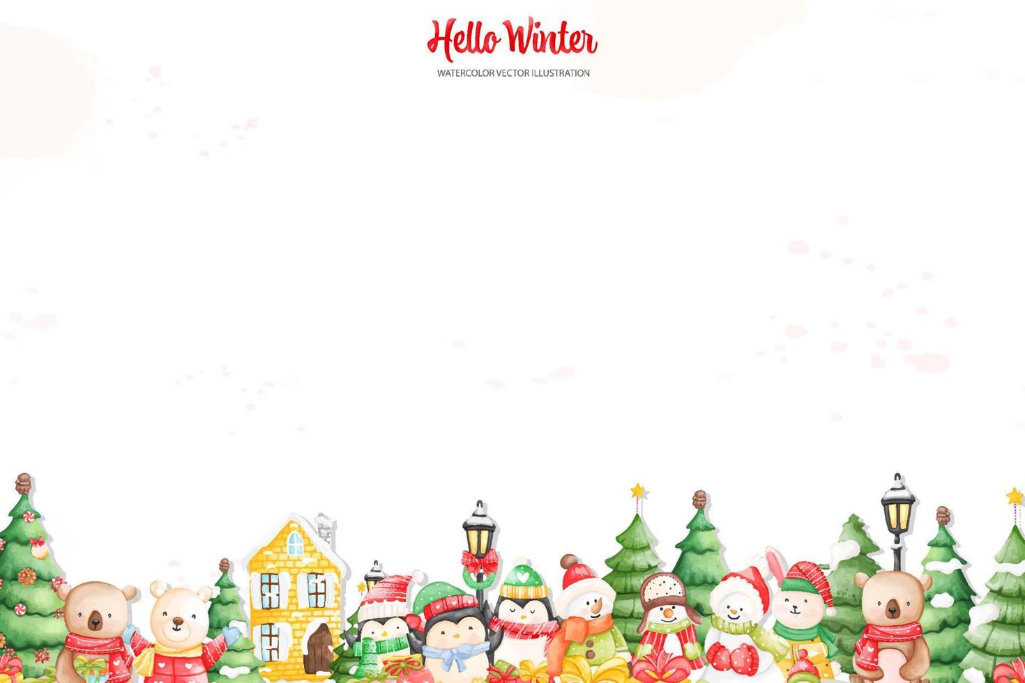 Watercolor Hello Winter Animals Background, Horizontal Background. Animal Vector illustrations