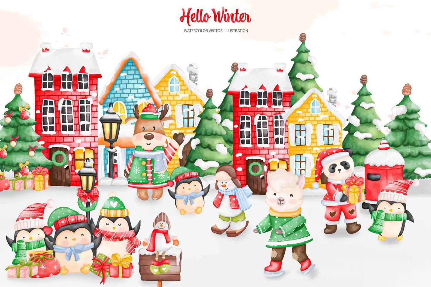 Cute Watercolor Christmas Animal Scene. Christmas Animal Vector illustrations Element