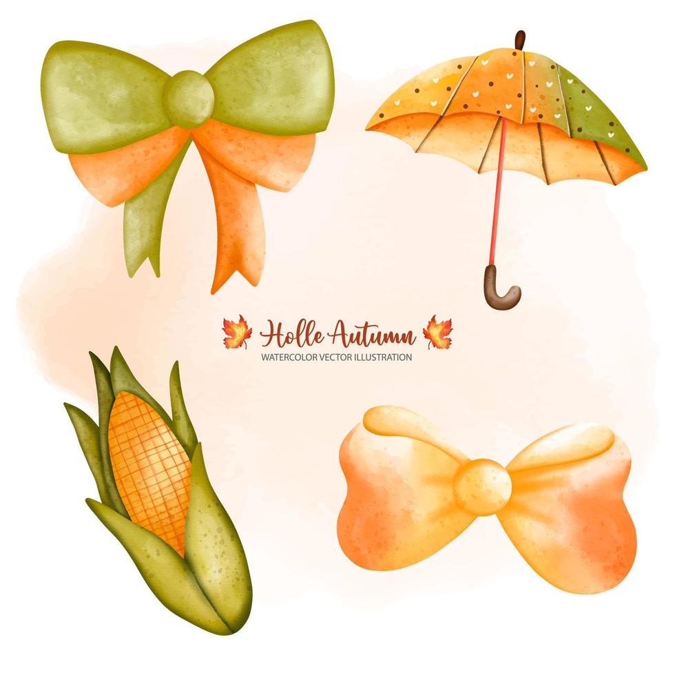 Autumn or Fall Animal decor, Bow, Umbrella, Corn watercolor, Digital paint watercolor illustration vector