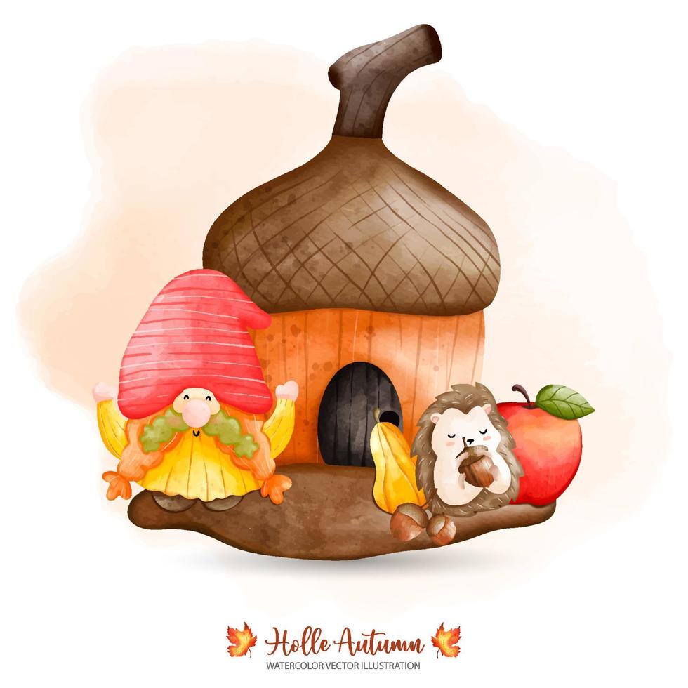 Autumn Gnome, Fall Gnome, Fairy tale Gnome with Acorn house, Autumn or Fall Animal decor vector