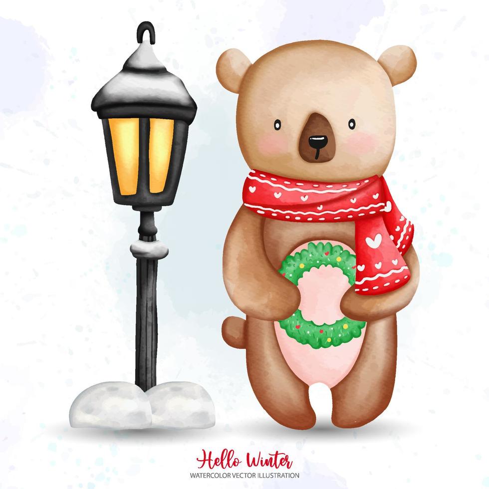 linda acuarela navidad y oso de invierno en ropa de invierno, ilustración de acuarela de pintura digital vector