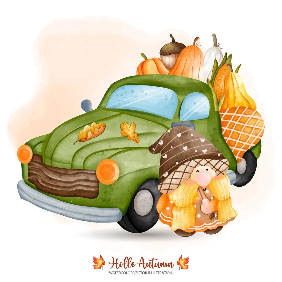 gnomo de otoño con camión clásico, gnomo de otoño, decoración de otoño o otoño, ilustración vectorial de acuarela vector