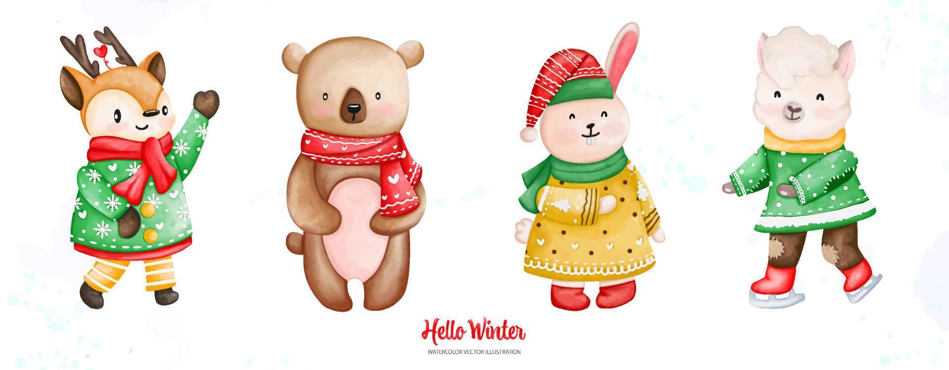 Watercolor Christmas, Winter deer, bear, rabbit, sheep in winter clothing, Watercolor illustration vector