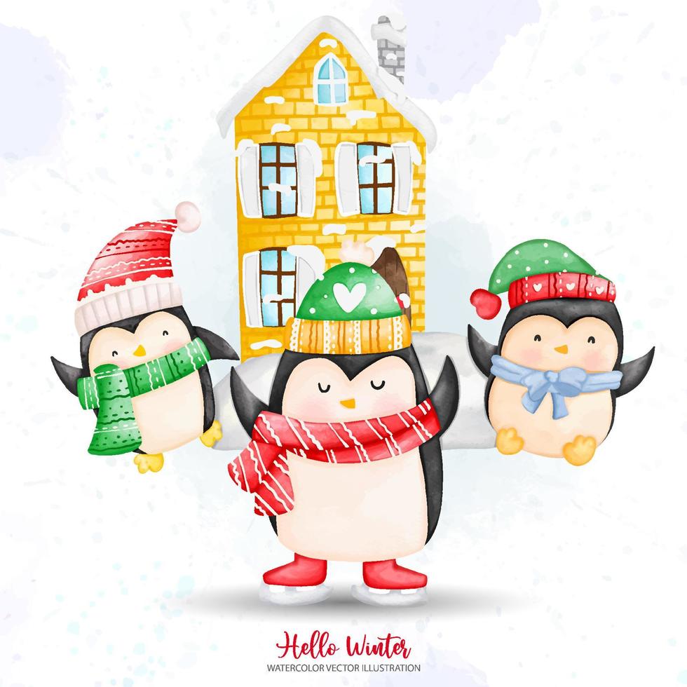 Cute Watercolor Christmas penguin in winter cloth with house, Digital paint watercolor illustration vector