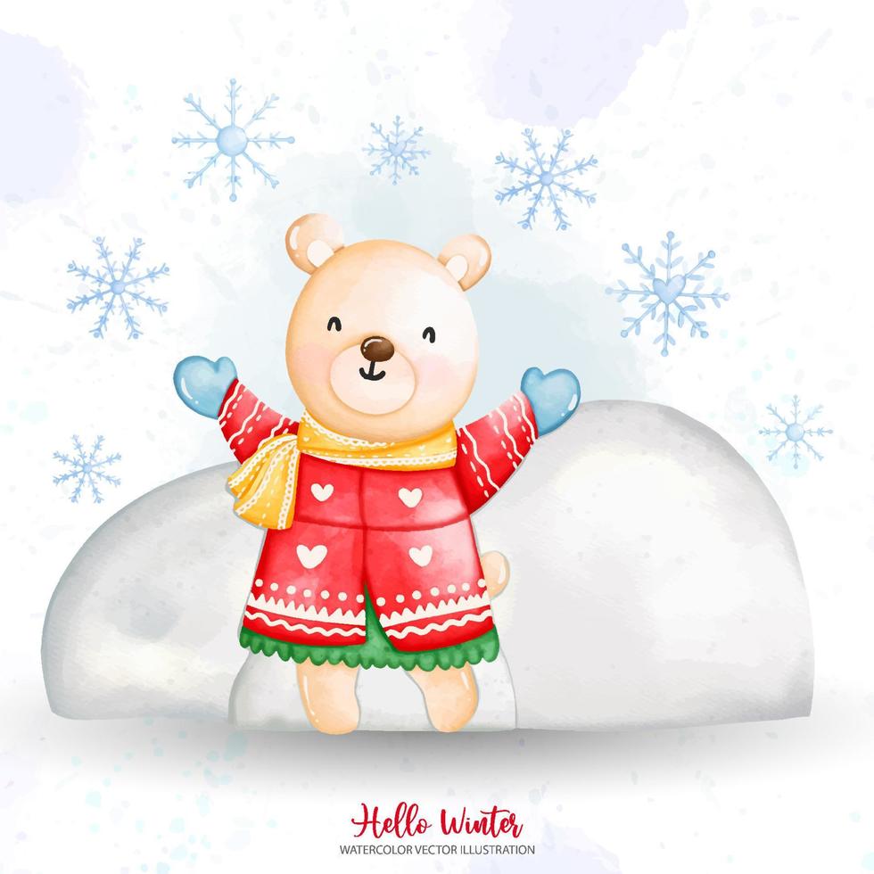 lindo oso de navidad acuarela en ropa de invierno con cristal de nieve, ilustración acuarela vector