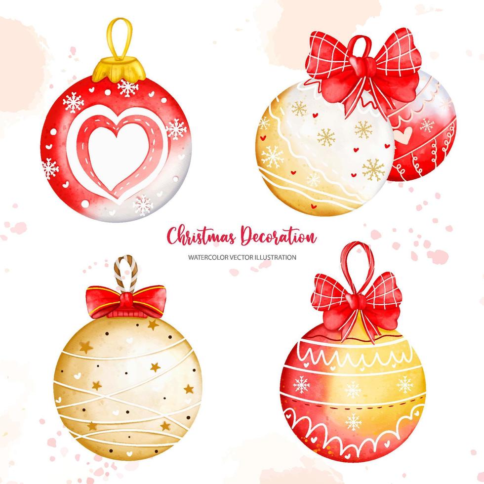 Set of Red and Gold Christmas decor, Christmas Ball, Digital paint watercolor illustration vector