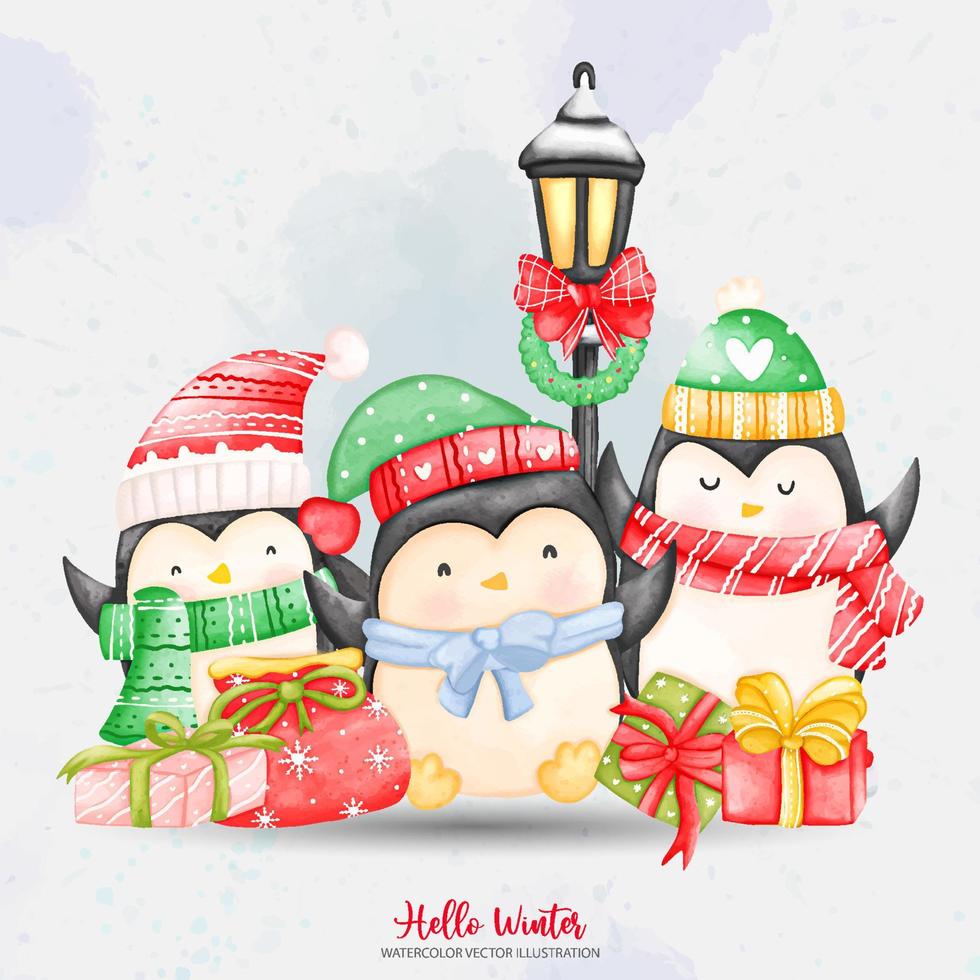 Watercolor Three Penguins with scarf. Christmas Vector illustrations Element