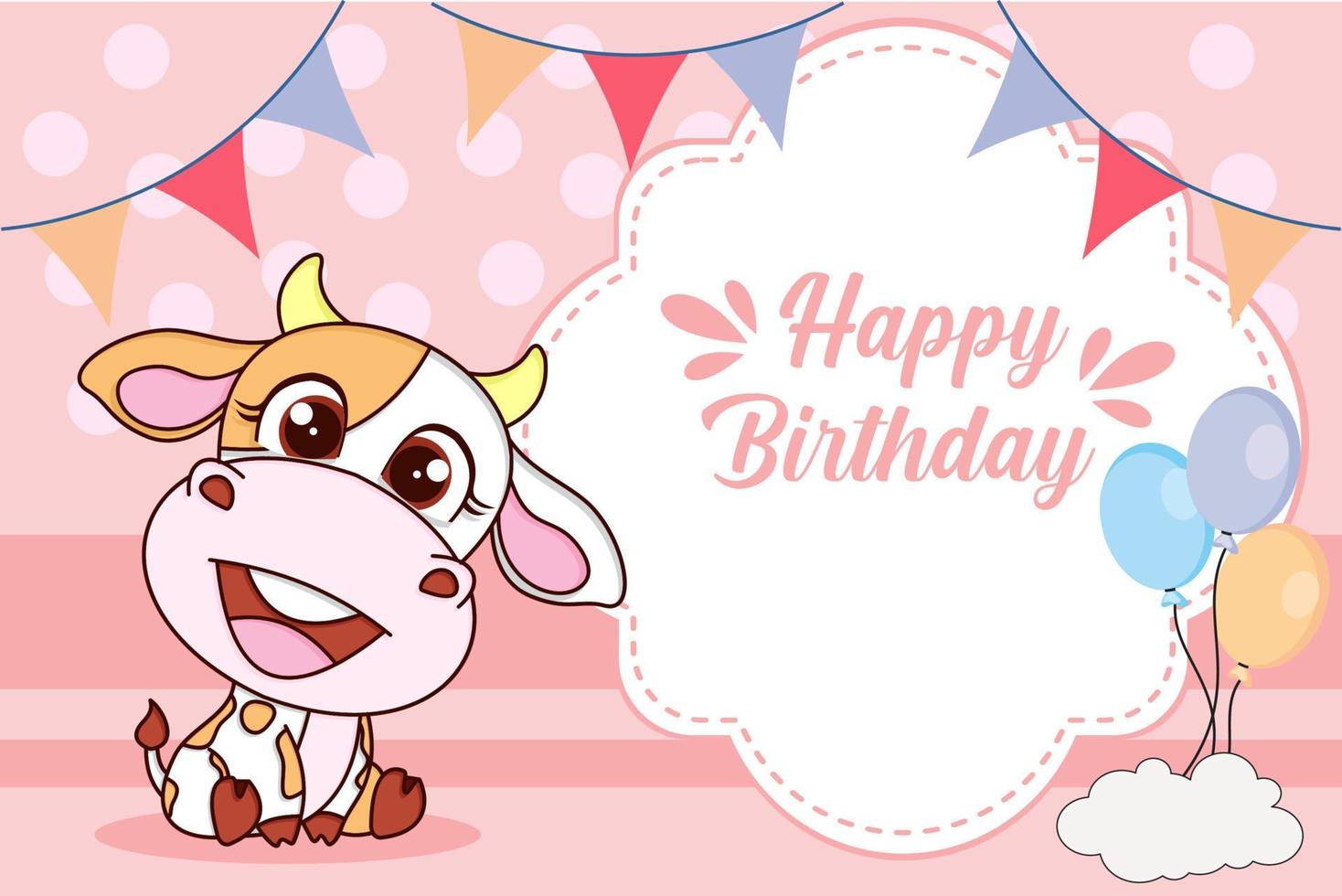 Children's birthday card with cute cow and balloon vector