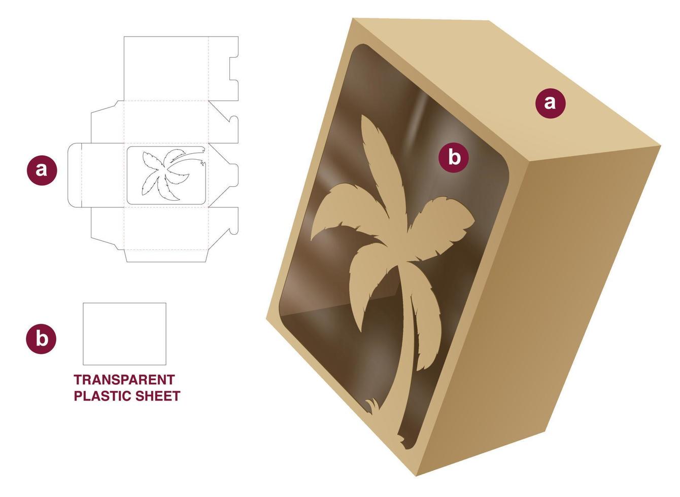 caja de embalaje con plantilla troquelada de ventana de árbol y maqueta 3d vector