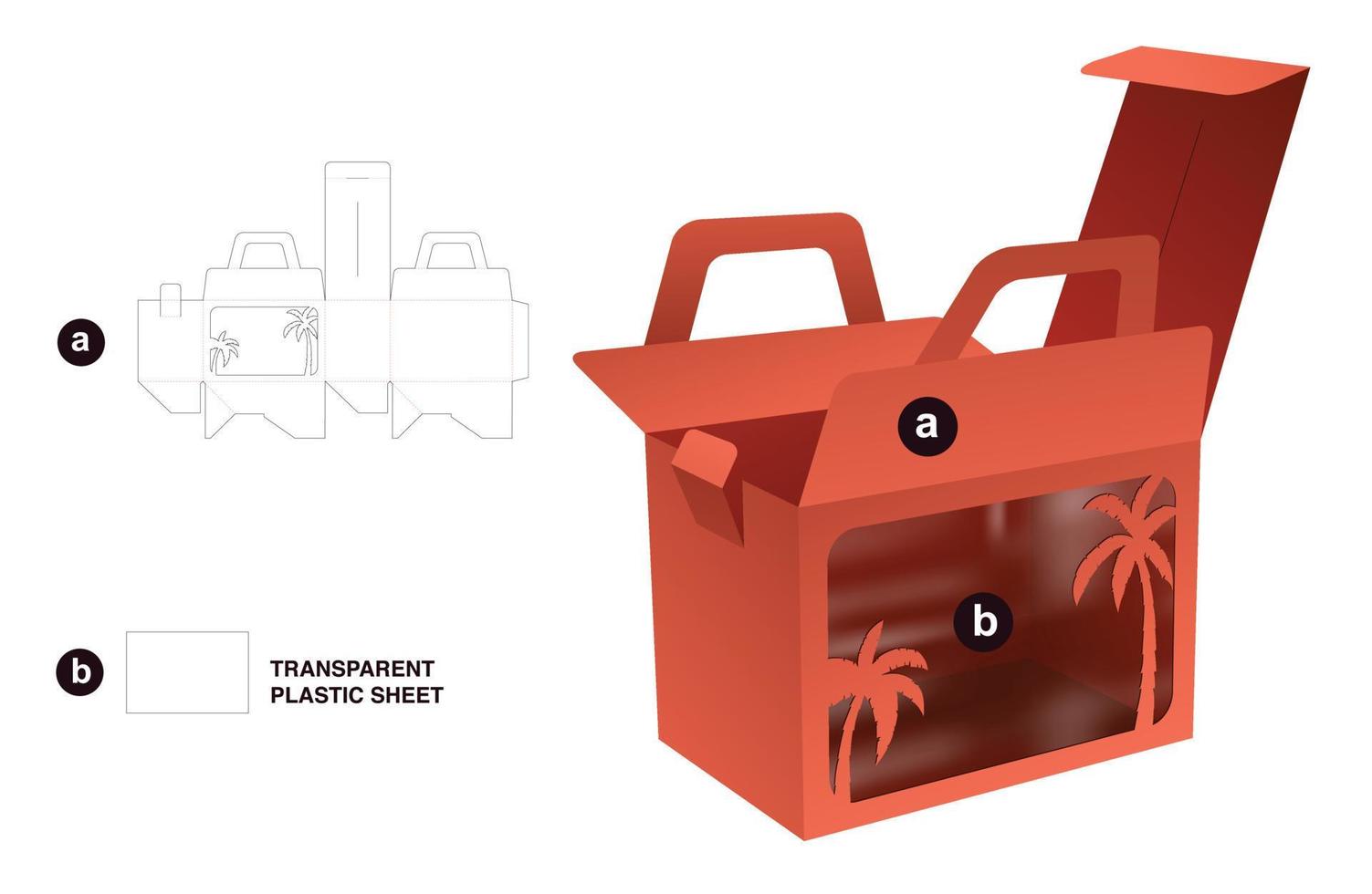 handle box with stenciled palm window die cut template and 3D mockup vector