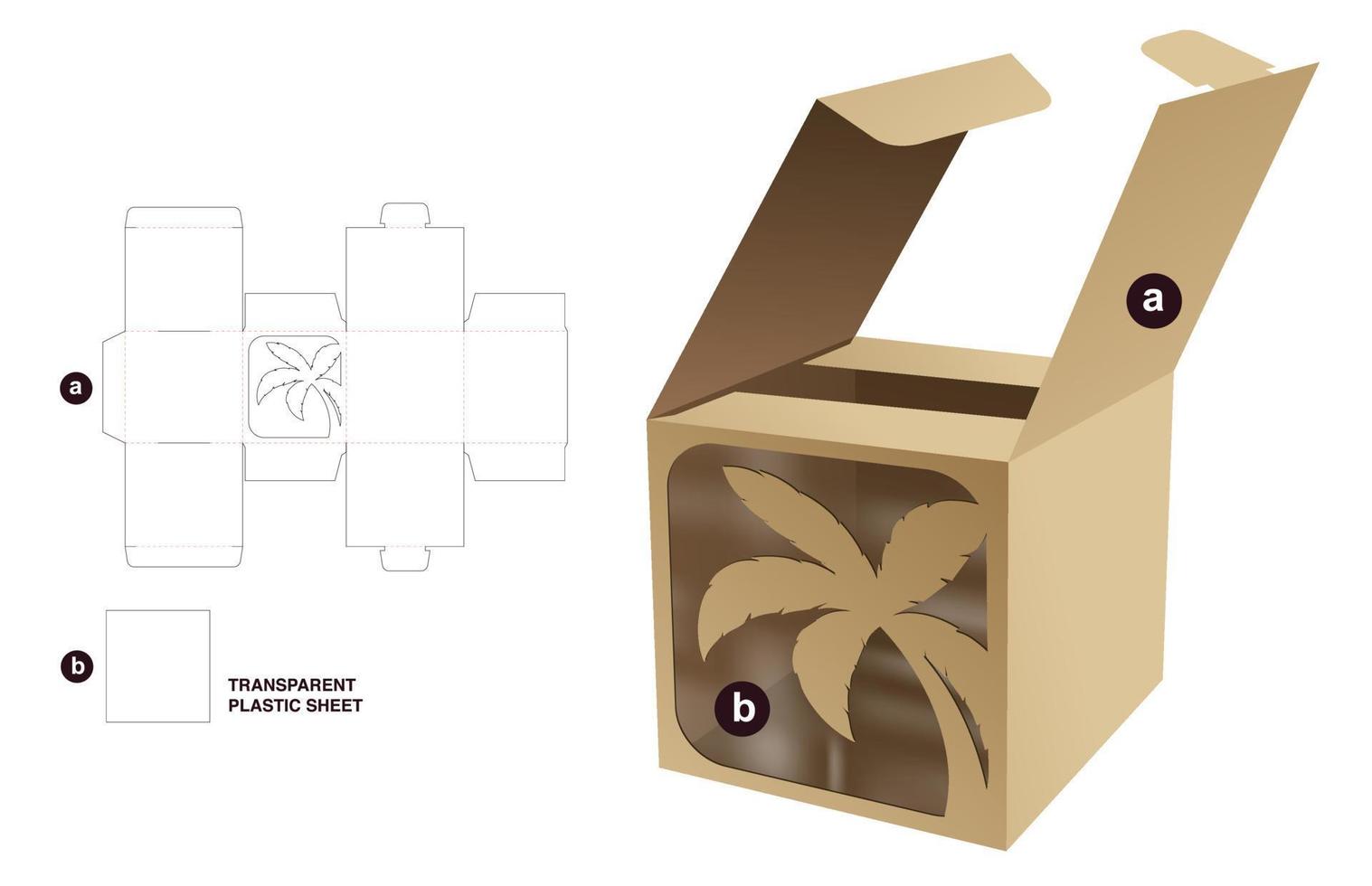 caja cuadrada abatible con ventana de palma y plantilla troquelada de lámina de plástico transparente y maqueta 3d vector