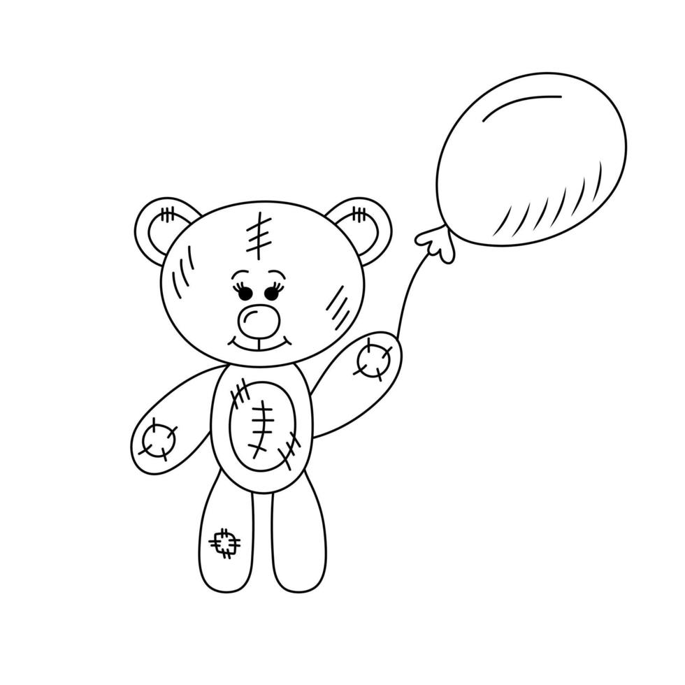 Cute teddy bear with balloon in doodle style. Plush toy. Hand drawn line art vector illustration for coloring book.