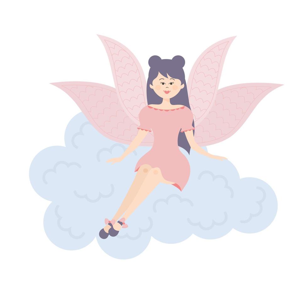 princesa hada alada sentada en una nube. lindo personaje de cuento de hadas. vector