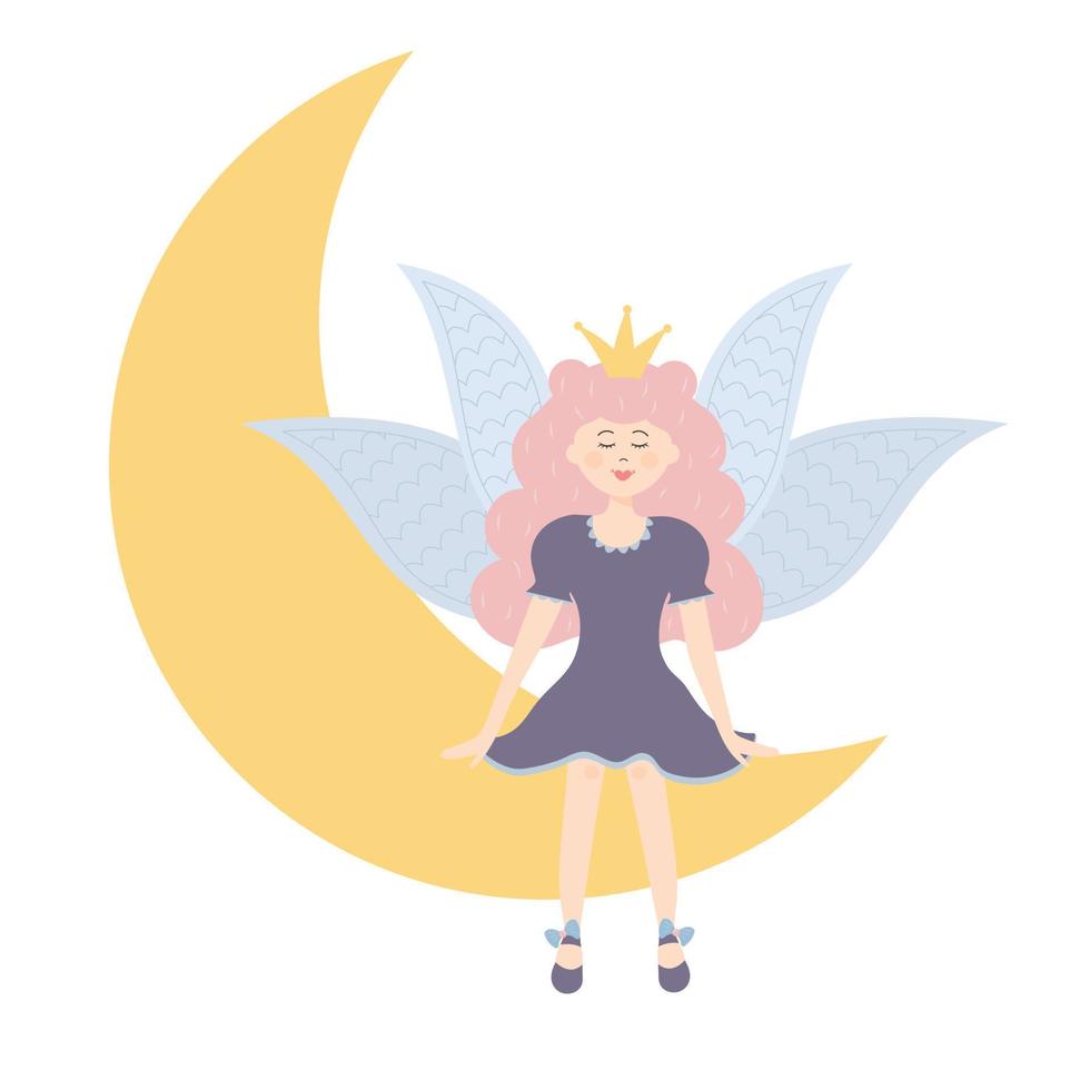 princesa hada alada sentada en la luna. lindo personaje de cuento de hadas. vector