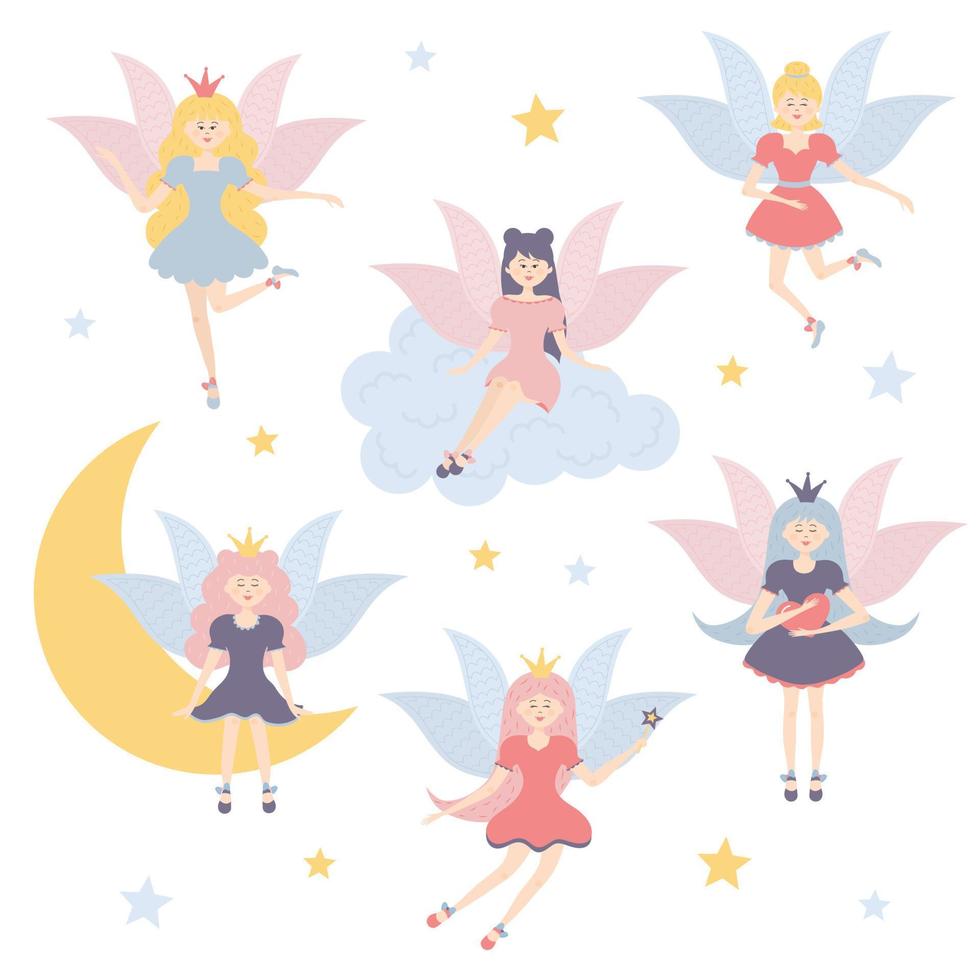 Set of winged fairy princesses. Cute fairy tale characters. vector