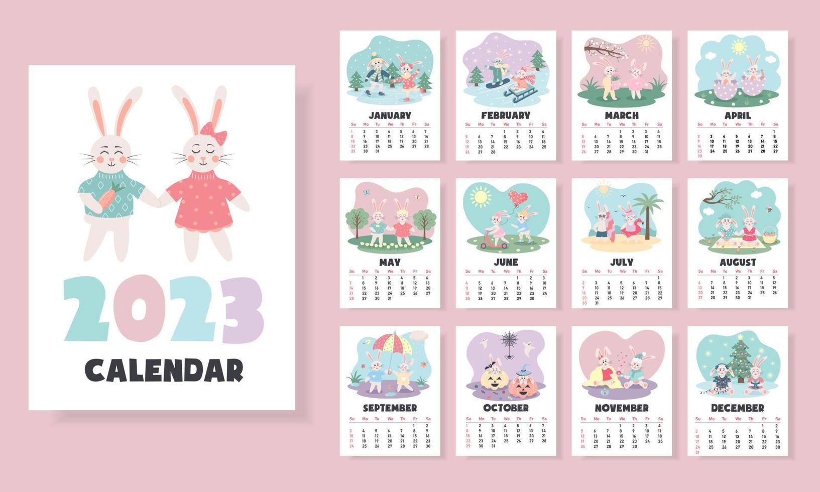 Printable vertical monthly design calendar for 2023 with cute couple of bunnies in love. The product includes 12 pages for each month of the year and cover. Week starts from Sunday. vector