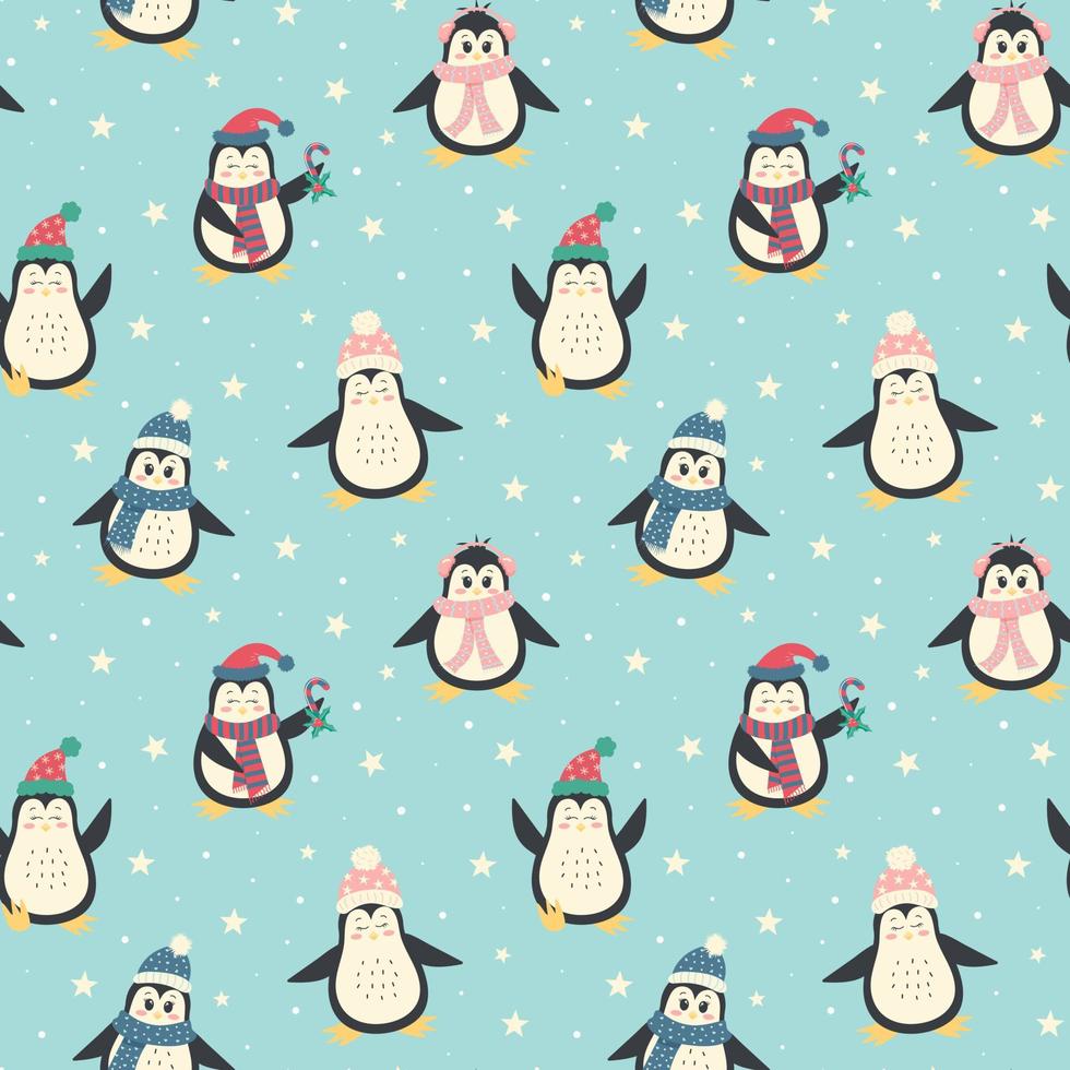 Cute winter penguins seamless pattern. Christmas characters in warm clothing. vector