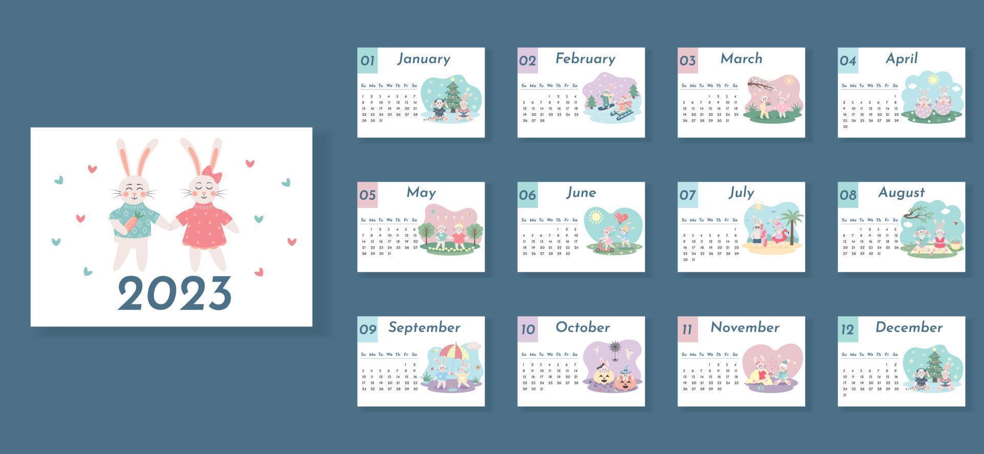Printable horizontal monthly design calendar for 2023 with cute couple of bunnies in love. The product includes 12 pages for each month of the year and cover. Week starts from Sunday. vector