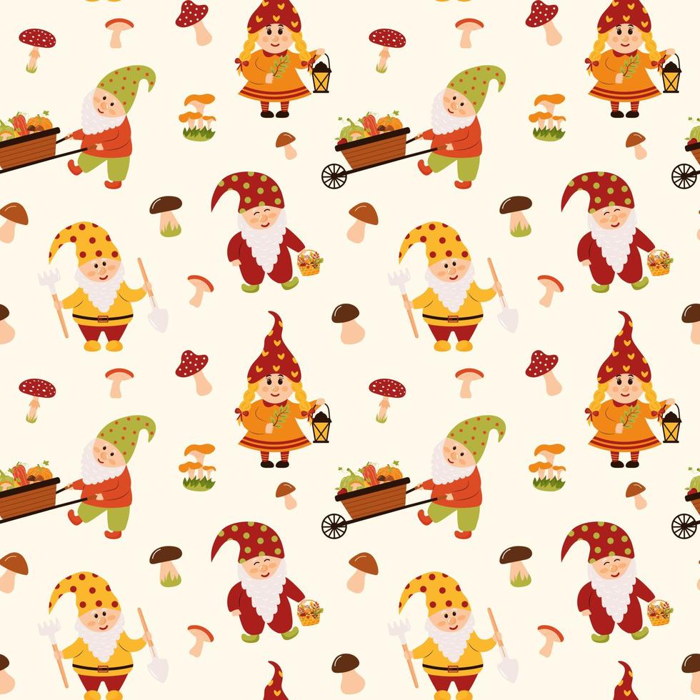 Seamless pattern with garden gnomes and mushrooms. Autumn, fall season, harvesting, thanksgiving concept. vector
