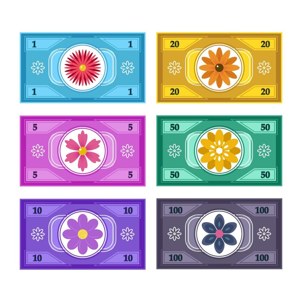 Fake Paper Money Collection With Flower Concept vector