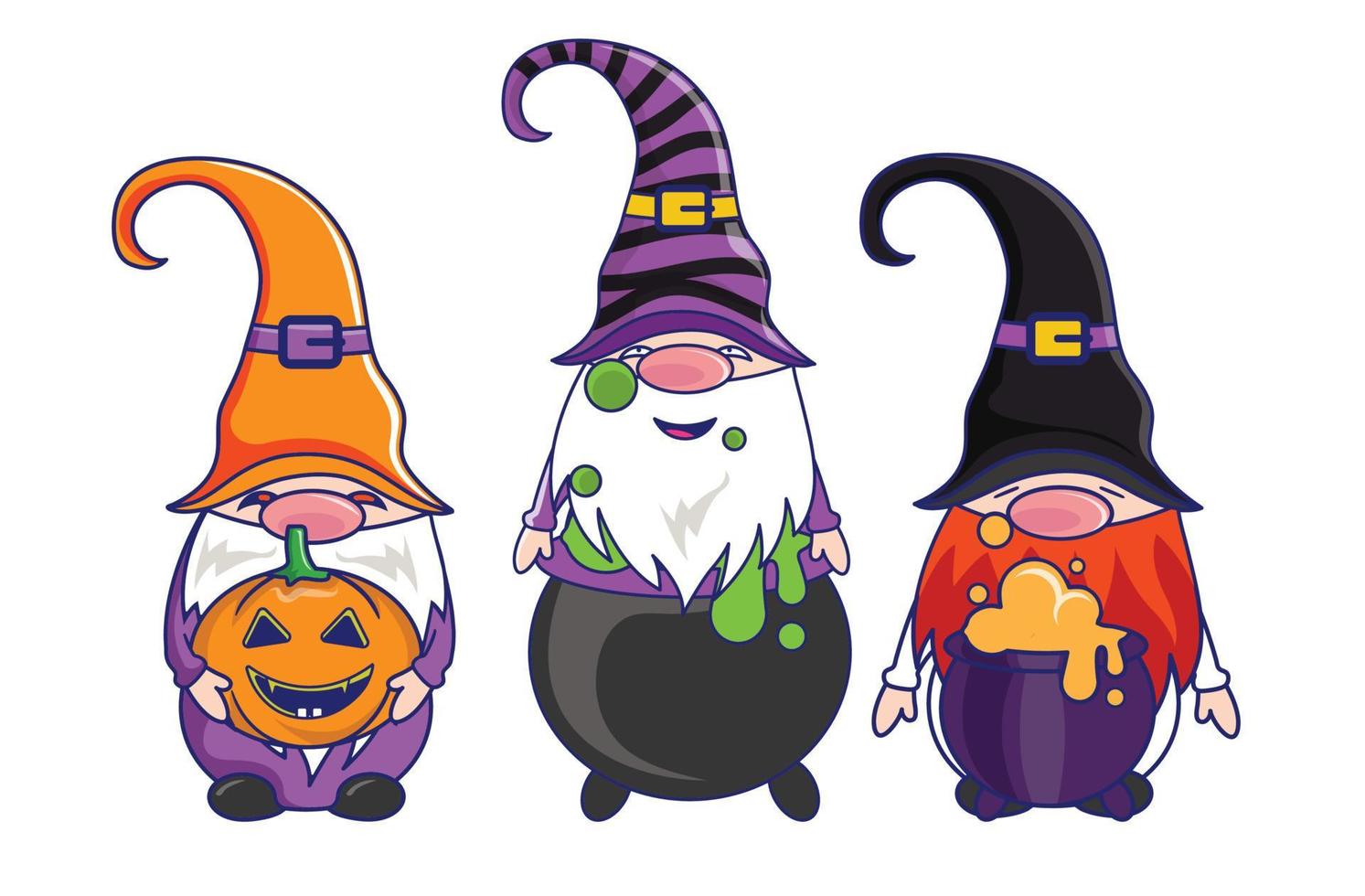 divertido paquete de gnomos de halloween con barbas blancas en traje de vacaciones. aislado sin fondo. vector