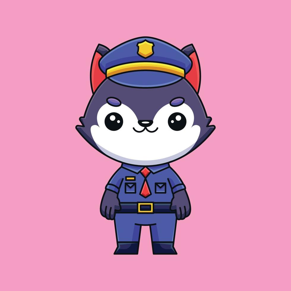 cute police wolf cartoon doodle art hand drawn concept vector kawaii icon illustration